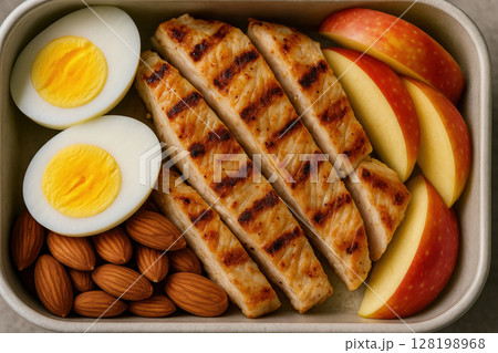 Healthy high protein meal with grilled chicken, hard boiled eggs, almonds, and fresh apple slices in a reusable lunch container, AI Generative 128198968