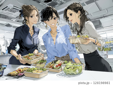 昼食を楽しむ女性のイラスト素材 昼食を楽しむ女性のイラスト素材 128198981