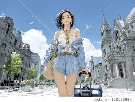 海外旅行を旅する女性のイラスト素材 128198986