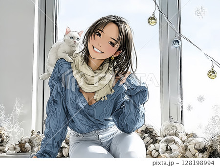 ネコカフェ　ネコが肩に飛び乗ってきて笑顔になる女性のイラスト素材 128198994