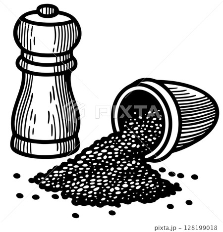 Black pepper grinder and spilled peppercorns utensil set, seasoning ingredients, isolated vintage illustration, AI Generative 128199018