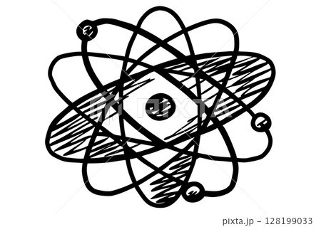 Atomic structure illustration hand drawn atom model, nucleus with orbiting electrons, science education, chemistry concept, AI Generative 128199033