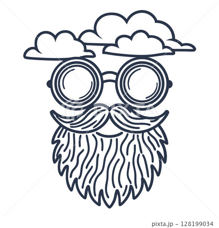 Bearded man with glasses and clouds quirky abstract line art, whimsical hipster face illustration, surreal concept, AI Generative 128199034