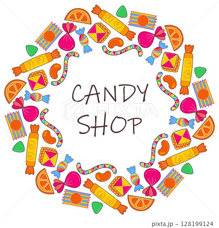 Round frame of candies and sweets and the words Candy Shop 128199124