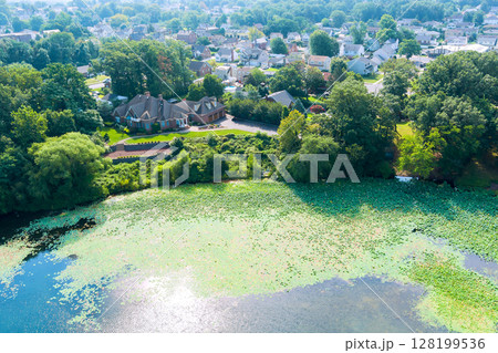 Lush greenery surrounds peaceful lake while homes are visible in background under clear blue skies. 128199536