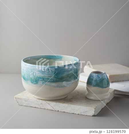 Tea bowl ceramic on gray background. Tea bowl ceramic on gray background. 128199570