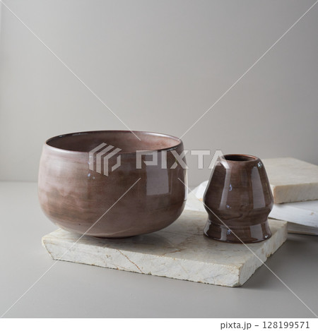 Tea bowl ceramic on gray background. 128199571