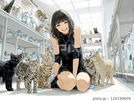 ネコカフェ　ネコに囲まれて笑顔になる女性のイラスト素材 128199609