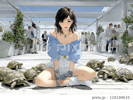 爬虫類カフェでリクガメと戯れる笑顔の女性のイラスト素材 128199610