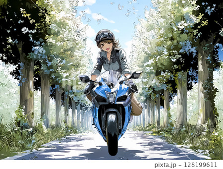 森の中のツーリングロードをスポーツバイクで走行する女性のイラスト素材 128199611