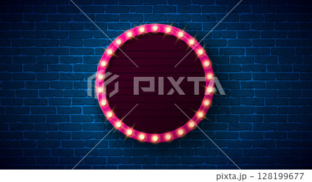 Retro Signboard Lightbox Banner Design with Glowing Light Bulb Frame Billboard on Vintage Brick Wall Background. Vector Customizable Marquee Sign Illustration for Casino Advertising, Theater Show 128199677