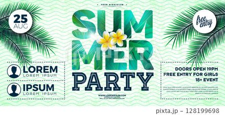 Summer Beach Party Banner Design with Flower and Tropical Palm Leaves in Text Label on Abstract Vintage Wavy Background. Vector Summer Music Holiday Illustration with Typography Lettering for Flyer 128199698