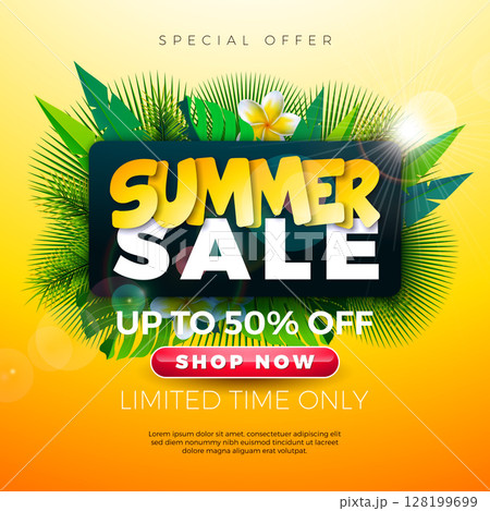 Summer Sale Business Promotional Banner Design with Flower, Tropical Palm Leaves and Typography Lettering on Sun Yellow Background. Vector Vacation Shopping Illustration with Special Offer Typography 128199699
