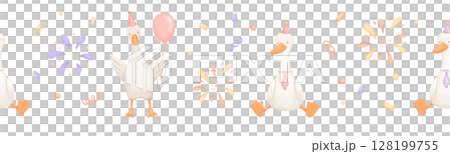 Seamless watercolor border with cute goose and splashes of festive fireworks. Funny animals for birthday. Hand drawn illustrations set 128199755