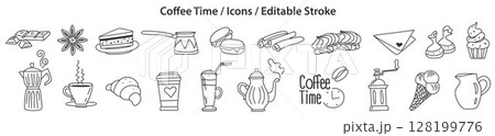 Set of Coffee Time icons in doodle style, line design, editable stroke, vector illustration 128199776