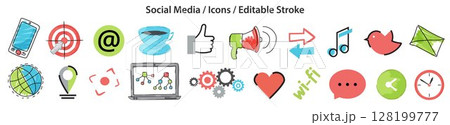 Set of Social Media icons in watercolor style, flat line design, editable stroke, vector illustration 128199777