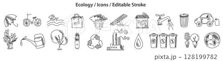 Set of Ecology icons in doodle style, line design, editable stroke, vector illustration Set of Ecology icons in doodle style, line design, editable stroke, vector illustration 128199782