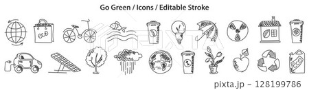 Set of Go Green icons in doodle style, line design, editable stroke, vector illustration Set of Go Green icons in doodle style, line design, editable stroke, vector illustration 128199786
