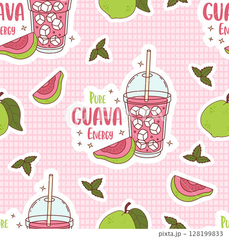 Seamless Pattern. Guava Drink smoothie with lots ice cubes in clear cup on checkered Pink Background with tropical Fruit and Mint leaves. Summer Refreshing Cocktail with quote. Vector illustration 128199833