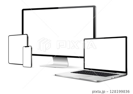 Realistic set of monitor, laptop, tablet, smartphone Realistic set of monitor, laptop, tablet, smartphone 128199836