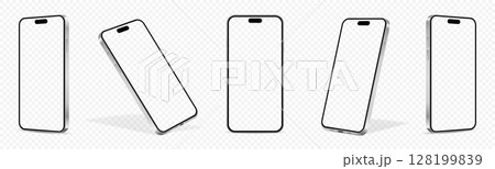 Realistic smartphone mockup. Mobile phone with transparent screen in different positions isolated on transparent background. Realistic smartphone mockup. Mobile phone with transparent screen in different positions isolated on transparent background. 128199839