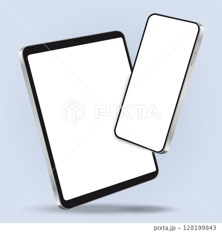Floating Smartphone and Tablet Mockup with blank screens on a blue background 128199843