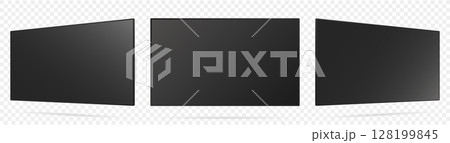 Realistic TV screen. TV screen mockup. Television display on three sides with black screen 128199845