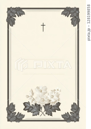 Minimalist Christian funeral template with cross, corner leaves, and blank space for memorial details 128199858