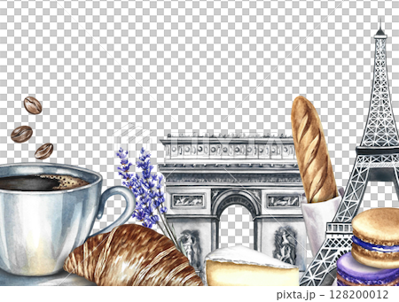 A frame with images of Parisian landmarks and cuisine. Hand-drawn watercolor illustration. Baguette, cheese, croissant, almond biscuit, and a cup of coffee, the Eiffel Tower, and the Arc de Triomphe. 128200012