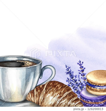 Frame with a picture of a cup of coffee, almond cookies, and croissants. Hand-drawn watercolor illustration. French cuisine. For packaging, postcards, labels, banners, flyers, menus, and posters. 128200013