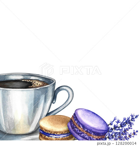 Border frame with a picture of a cup of coffee, almond cookies, and lavender. Hand-drawn watercolor illustration. French cuisine. For packaging, postcards, and labels, banners, flyers, menus, posters. 128200014