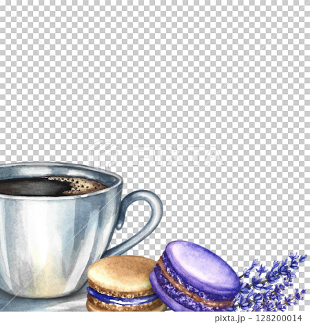 Border frame with a picture of a cup of coffee, almond cookies, and lavender. Hand-drawn watercolor illustration. French cuisine. For packaging, postcards, and labels, banners, flyers, menus, posters. 128200014
