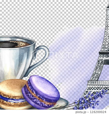 Frame and image of a coffee cup, macaroon almond cookies, and the Eiffel Tower. Hand-drawn watercolor illustration. Square template. French cuisine. For packaging, labels, flyers, menus, and posters. Frame and image of a coffee cup, macaroon almond cookies, and the Eiffel Tower. Hand-drawn watercolor illustration. Square template. French cuisine. For packaging, labels, flyers, menus, and posters. 128200024