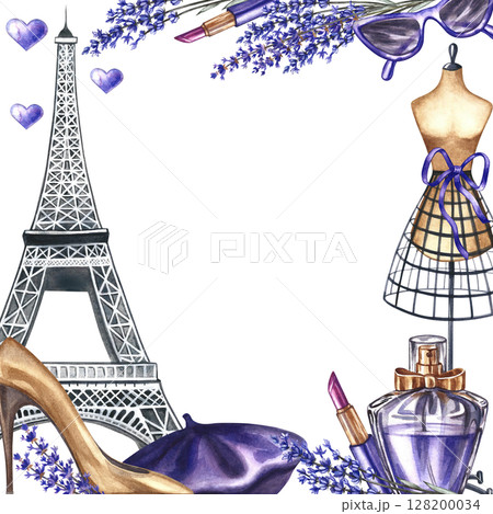A frame depicting Parisian fashion. The illustrations are hand-drawn watercolors. The Eiffel Tower, perfume, lavender, French Bret, glasses, women's shoes, and a tailor's dummy. A square template. A frame depicting Parisian fashion. The illustrations are hand-drawn watercolors. The Eiffel Tower, perfume, lavender, French Bret, glasses, women's shoes, and a tailor's dummy. A square template. 128200034