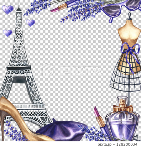 A frame depicting Parisian fashion. The illustrations are hand-drawn watercolors. The Eiffel Tower, perfume, lavender, French Bret, glasses, women's shoes, and a tailor's dummy. A square template. A frame depicting Parisian fashion. The illustrations are hand-drawn watercolors. The Eiffel Tower, perfume, lavender, French Bret, glasses, women's shoes, and a tailor's dummy. A square template. 128200034
