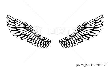 Wings sketch. Stylized birds wings. Hand drawn contoured stiker wing in open position. Vector design elements in coloring style 128200075