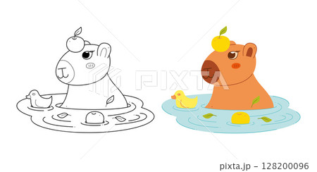 Two cute capybaras with tangerines and a duck in the water. Clip art for your projects. Two cute capybaras with tangerines and a duck in the water. Clip art for your projects. 128200096