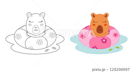 Two cute capybaras with a swimming ring in the water. Clip art for your projects. Two cute capybaras with a swimming ring in the water. Clip art for your projects. 128200097