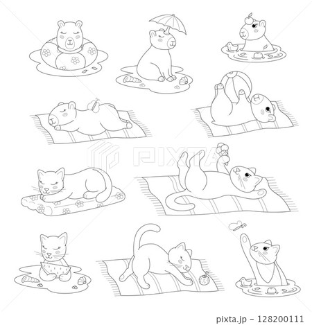 Cute cats and capybaras on the beach. Clip art for your projects. 128200111