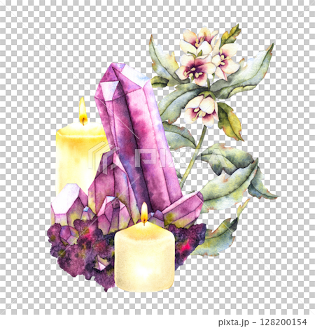 Watercolor illustration of a magical scene with amethyst crystals, yellow candles, and henbane flowers. Mystical and esoteric atmosphere, ideal for ritual, spiritual, and healing-themed designs. 128200154