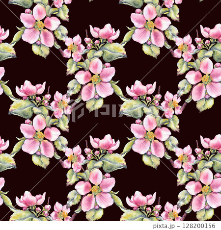 Watercolor illustration of pink apple blossoms with green leaves seamless pattern on white. Suitable for eco cosmetics, floral packaging, seasonal branding, spring festivals, and wedding stationery. 128200156