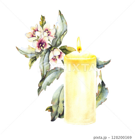 Watercolor illustration of a lit yellow candle with henbane flowers and green leaves. Poisonous plant used in esoteric rituals, mysticism, and magical herbalism. Watercolor illustration of a lit yellow candle with henbane flowers and green leaves. Poisonous plant used in esoteric rituals, mysticism, and magical herbalism. 128200169