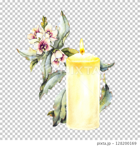 Watercolor illustration of a lit yellow candle with henbane flowers and green leaves. Poisonous plant used in esoteric rituals, mysticism, and magical herbalism. Watercolor illustration of a lit yellow candle with henbane flowers and green leaves. Poisonous plant used in esoteric rituals, mysticism, and magical herbalism. 128200169