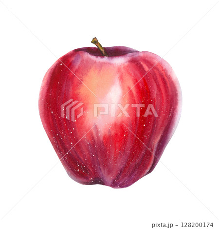 Watercolor illustration of a ripe red apple with soft highlights and speckled texture. Suitable for food branding, eco packaging, farmers market design, seasonal decor, and wellness products. Watercolor illustration of a ripe red apple with soft highlights and speckled texture. Suitable for food branding, eco packaging, farmers market design, seasonal decor, and wellness products. 128200174
