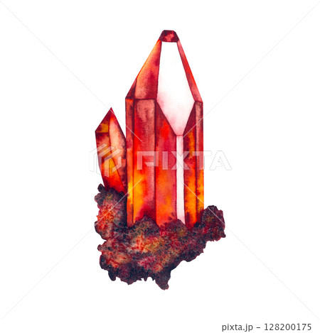 Watercolor illustration of a fiery orange-red crystal cluster with sharp facets and natural mineral base. Ideal for esoteric designs, energy healing, or mystical projects. 128200175