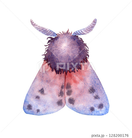 Watercolor illustration of mystical moth with purple and blue wings, symbolizing transformation, intuition, and night magic. Perfect for esoteric projects, rituals, Wicca, and mystery-themed designs. 128200176