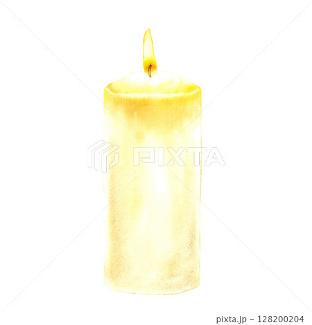 Watercolor illustration burning yellow candle. For themes of spirituality, mysticism, rituals, memorials, and esoteric practic. For use in Halloween designs, All Saints' Day, or remembrance projects. Watercolor illustration burning yellow candle. For themes of spirituality, mysticism, rituals, memorials, and esoteric practic. For use in Halloween designs, All Saints' Day, or remembrance projects. 128200204