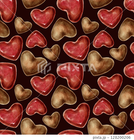Red and chocolates candies hearts seamless pattern on black. Watercolor illustration for packaging, cards, invitations, holidays Spring, birthday, Valentine's Day, wedding or Mother's Day. 128200206