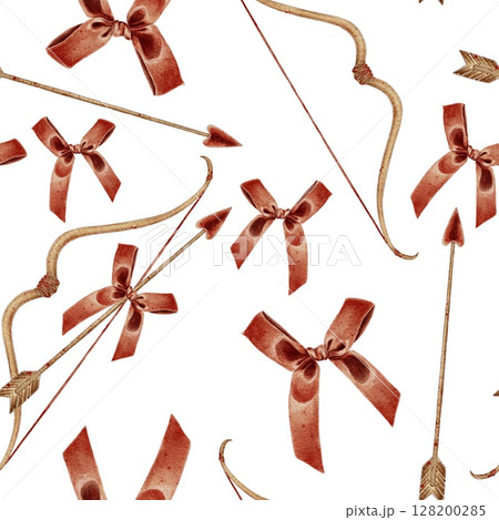 Bow and arrow for Cupid for Valentines Day with red bow in realistic style seamless pattern on white. Watercolor illustration for postcards, wedding invitations, holidays, fabric, packaging. 128200285
