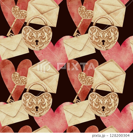 Lock and key, envelopes and hearts seamless pattern on black. Watercolor illustration for cards, packaging, textile, invitations, holidays Spring, birthday, Valentine's Day, wedding or Mother's Day. 128200304